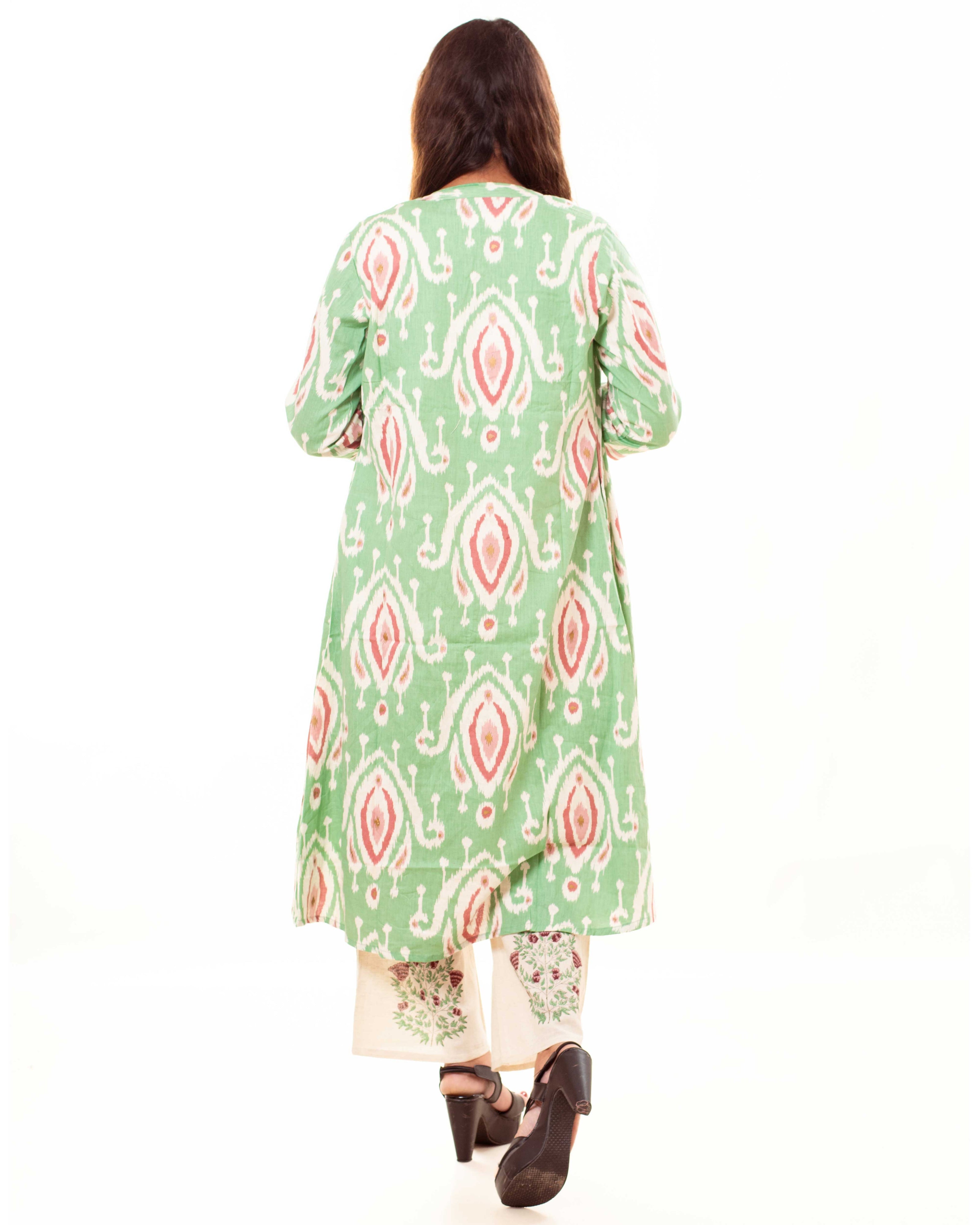 Beige Printed Kurta Palazzo Set with Green Ikat Print Long Shrug