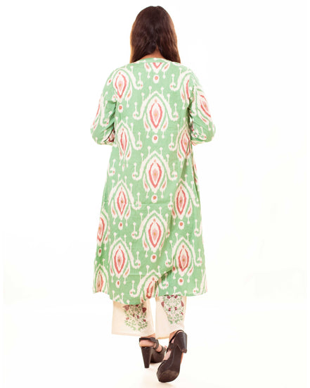 Beige Printed Kurta Palazzo Set with Green Ikat Print Long Shrug