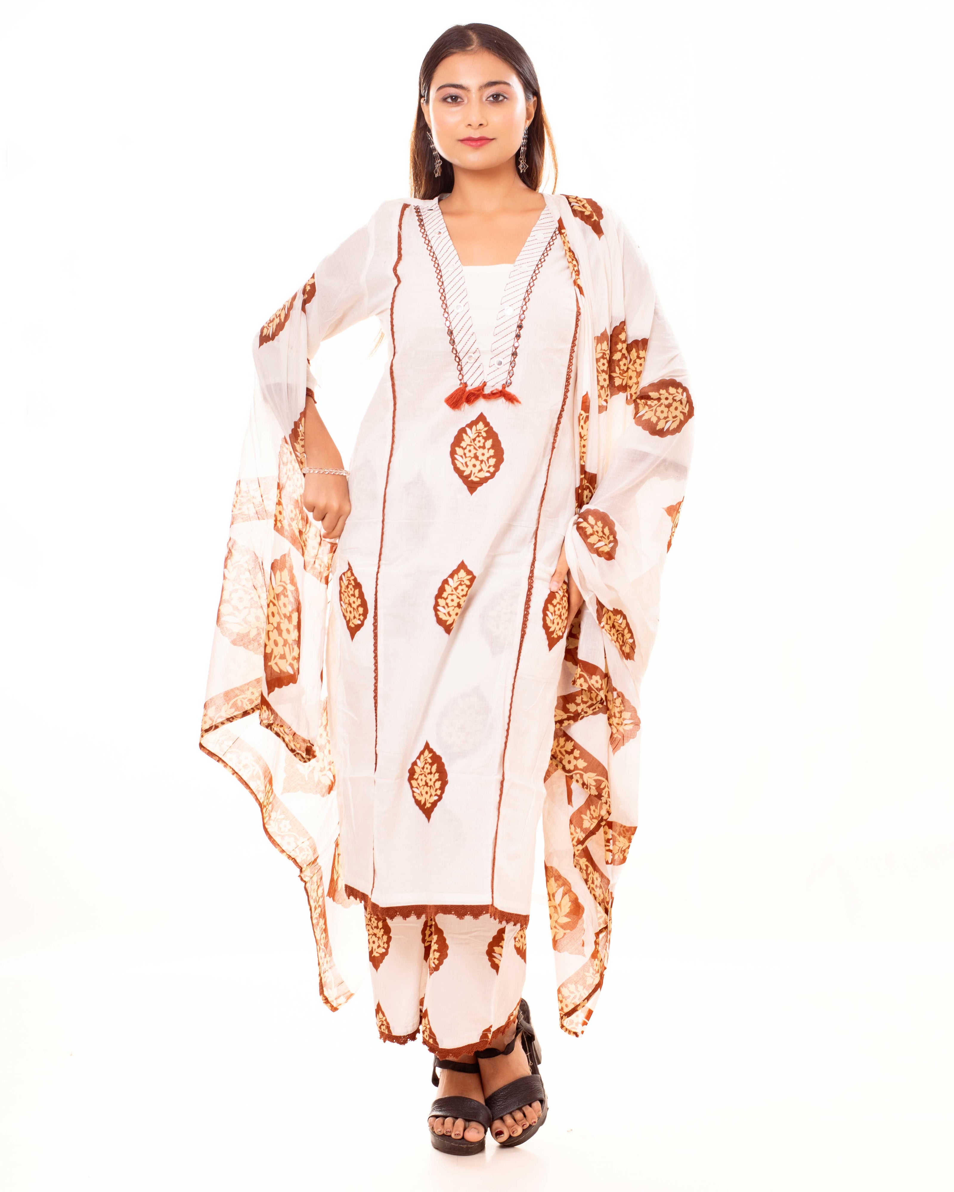 White Floral Block Print Pure Cotton Kurta Set