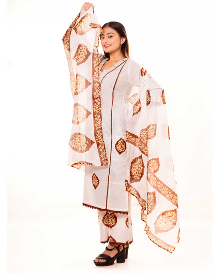 White Floral Block Print Pure Cotton Kurta Set