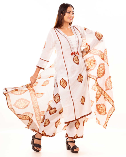 White Floral Block Print Pure Cotton Kurta Set