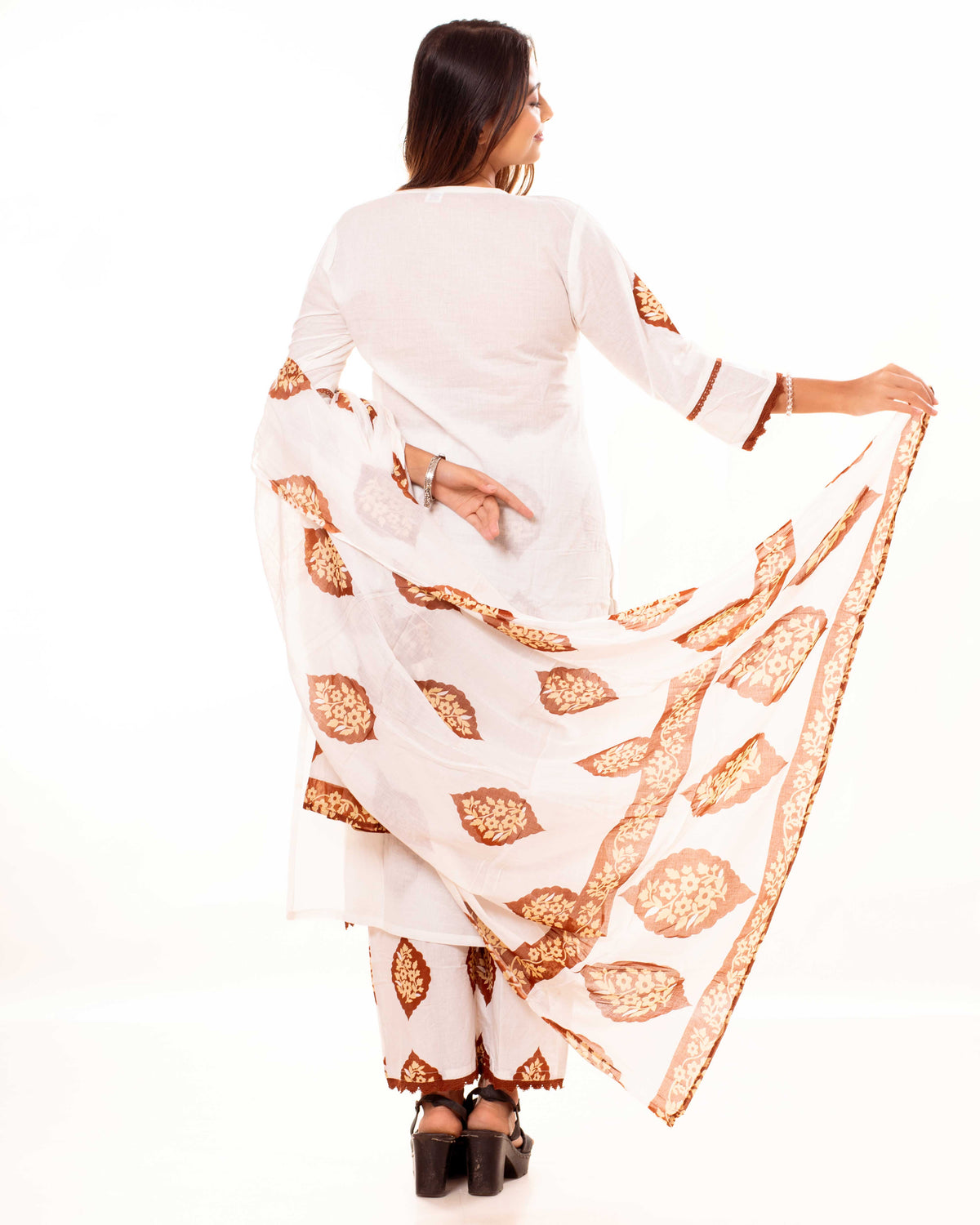 White Floral Block Print Pure Cotton Kurta Set