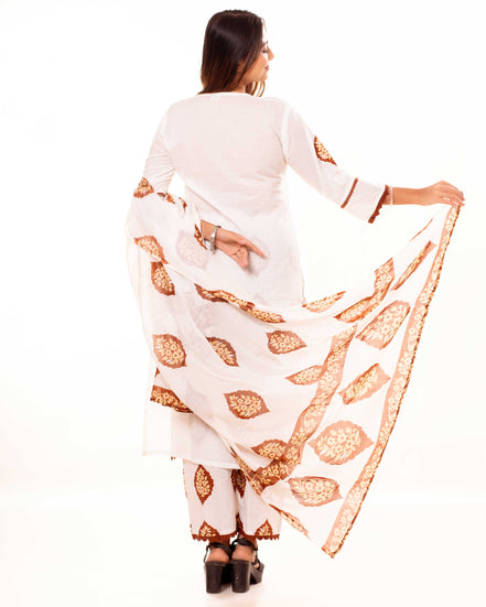 White Floral Block Print Pure Cotton Kurta Set