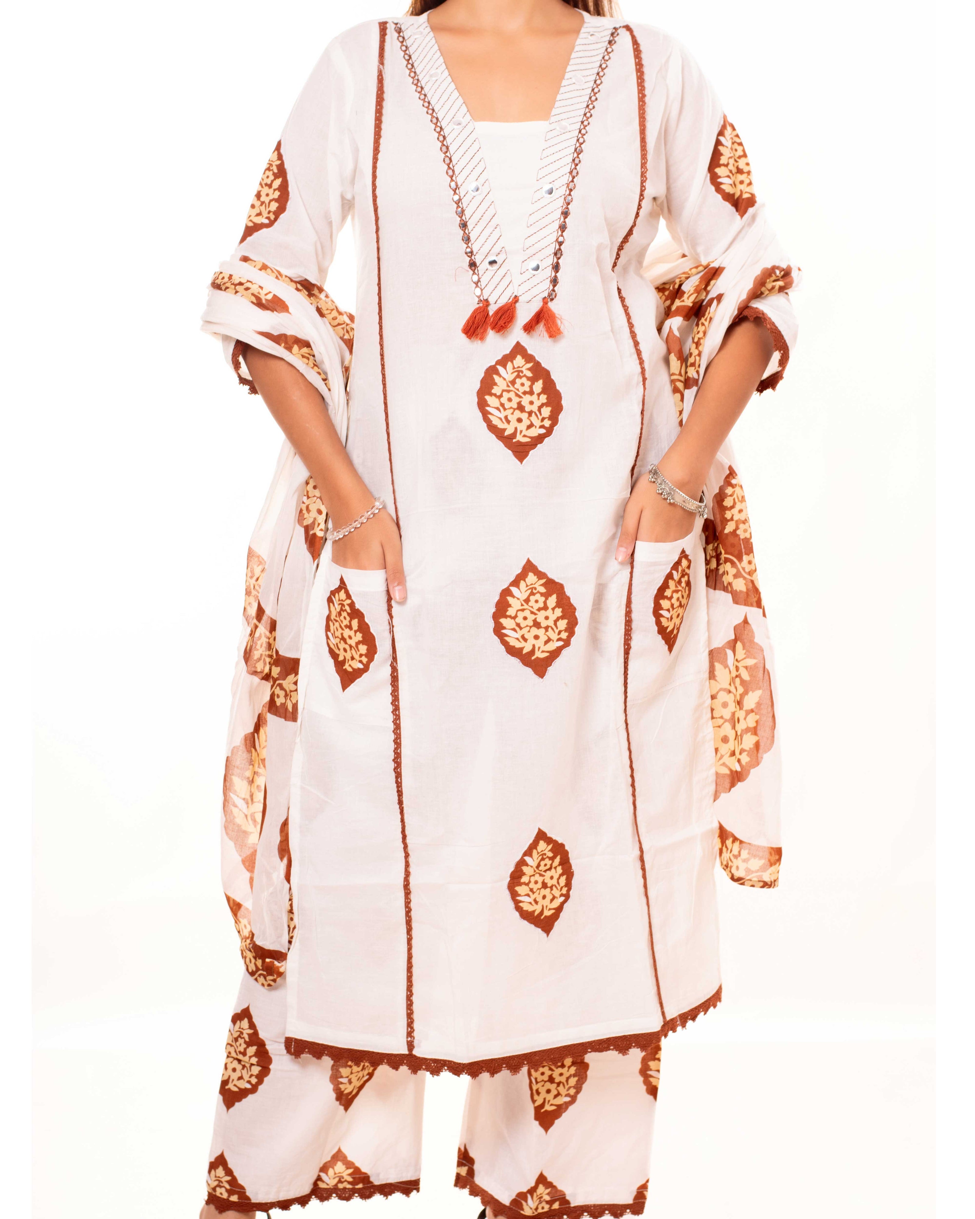 White Floral Block Print Pure Cotton Kurta Set