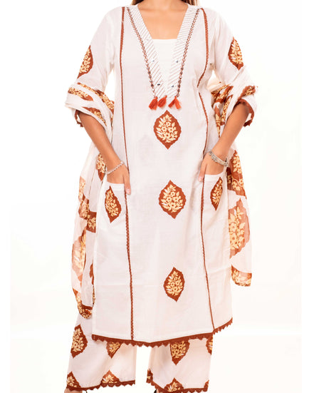 White Floral Block Print Pure Cotton Kurta Set