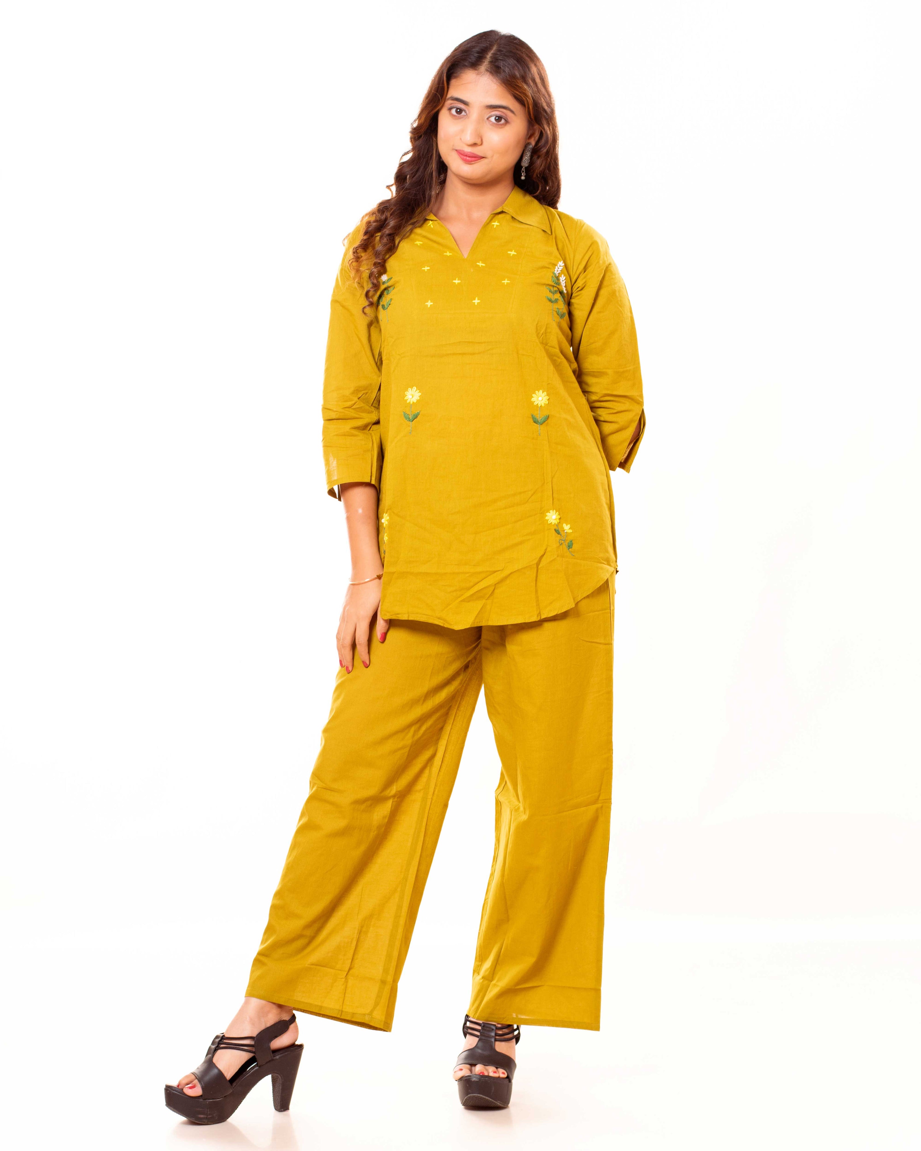 Mustard Yellow Embroidered Cotton Co-ord Set
