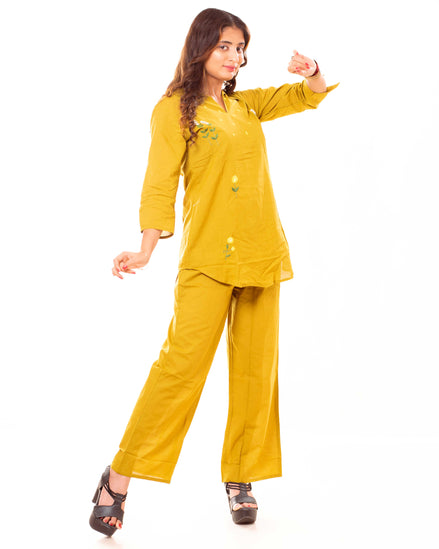Mustard Yellow Embroidered Cotton Co-ord Set
