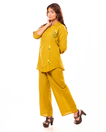 Mustard Yellow Embroidered Cotton Co-ord Set
