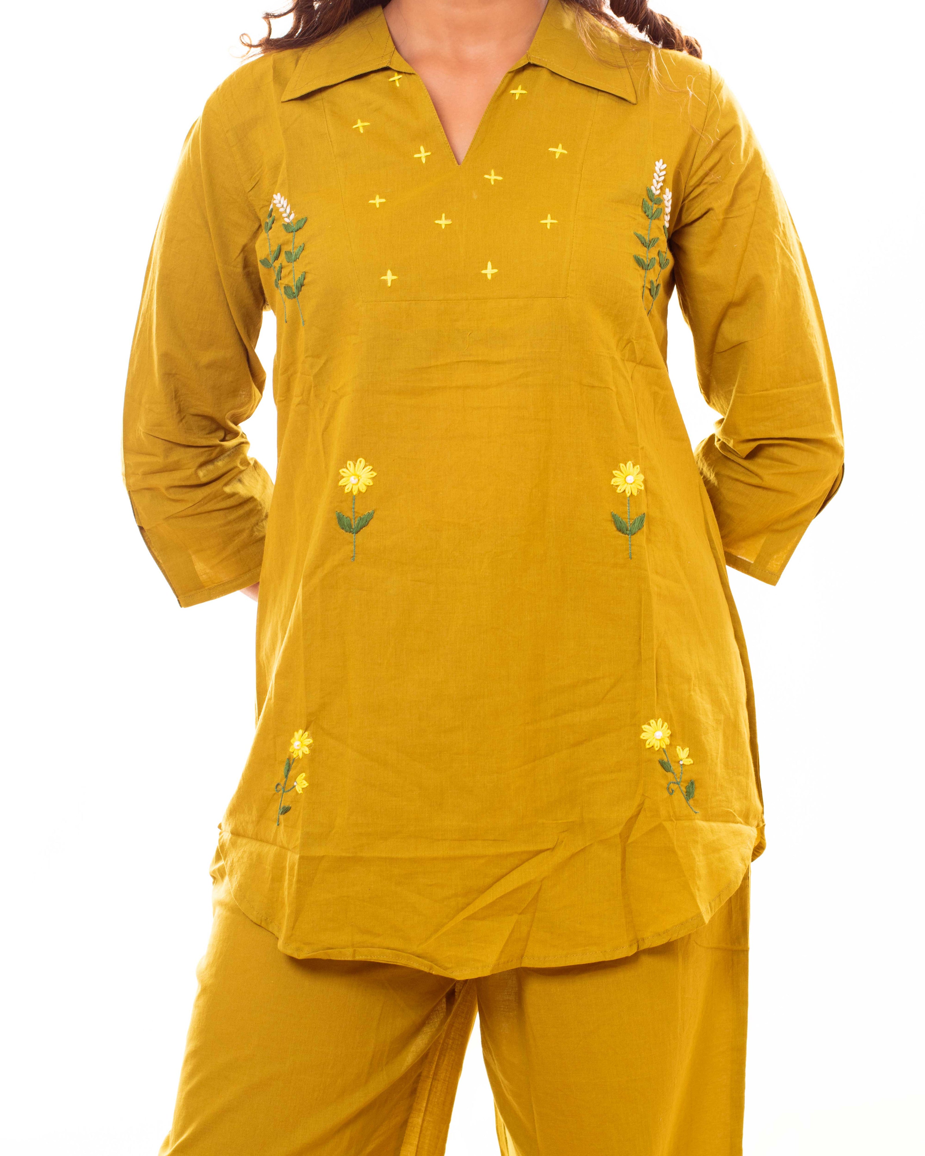 Mustard Yellow Embroidered Cotton Co-ord Set