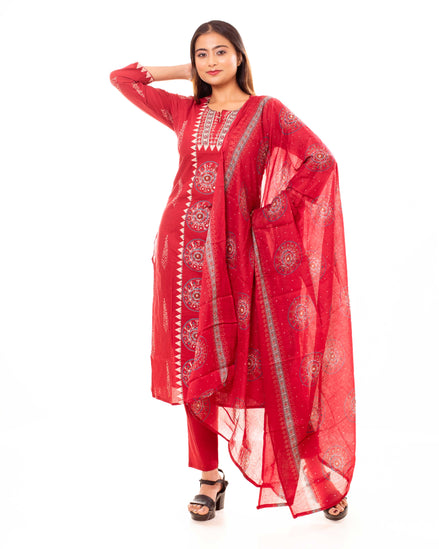 Red Mandala Print Kurta Set with Dupatta