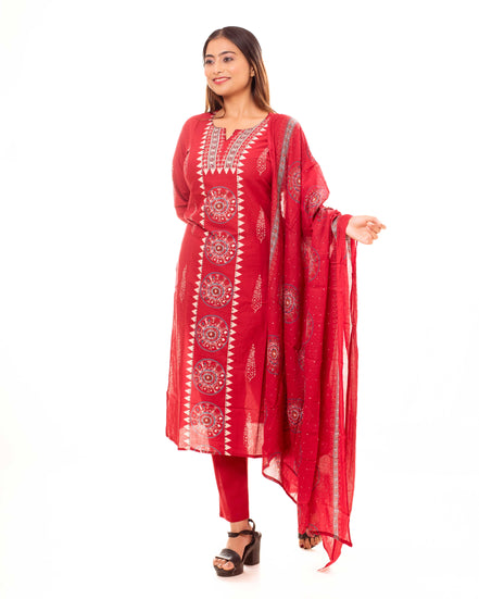 Red Mandala Print Kurta Set with Dupatta