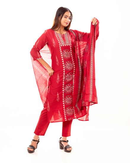 Red Mandala Print Kurta Set with Dupatta
