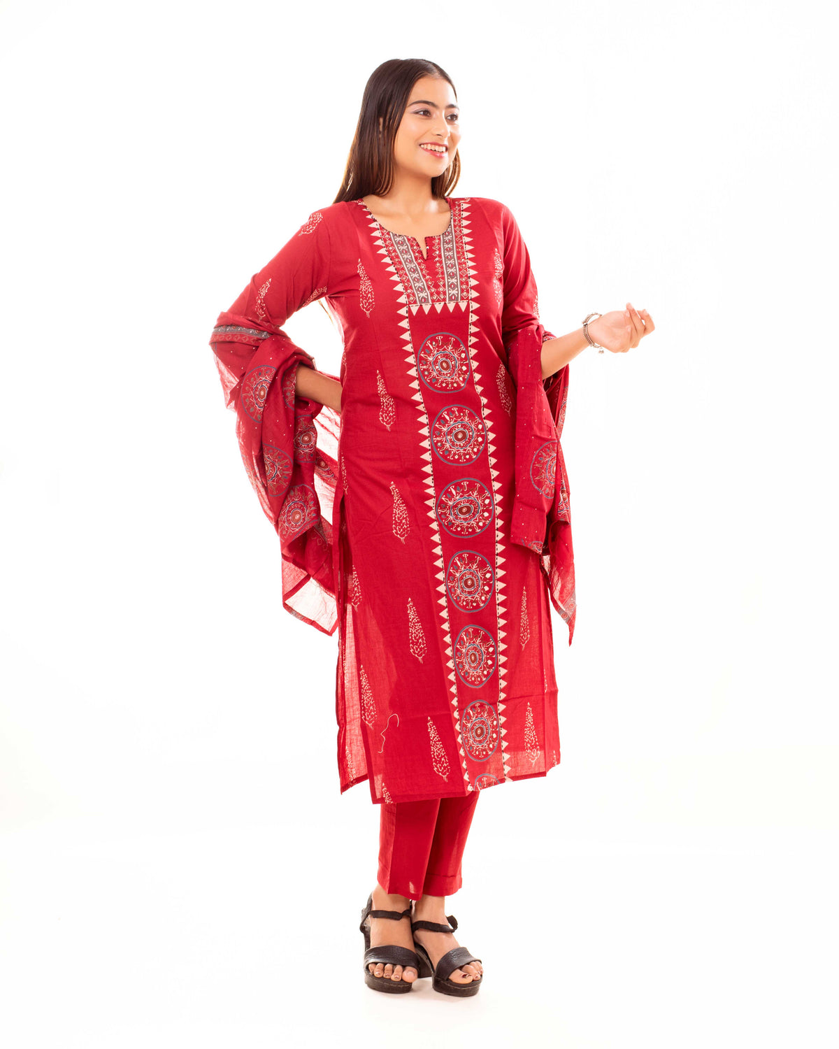 Red Mandala Print Kurta Set with Dupatta