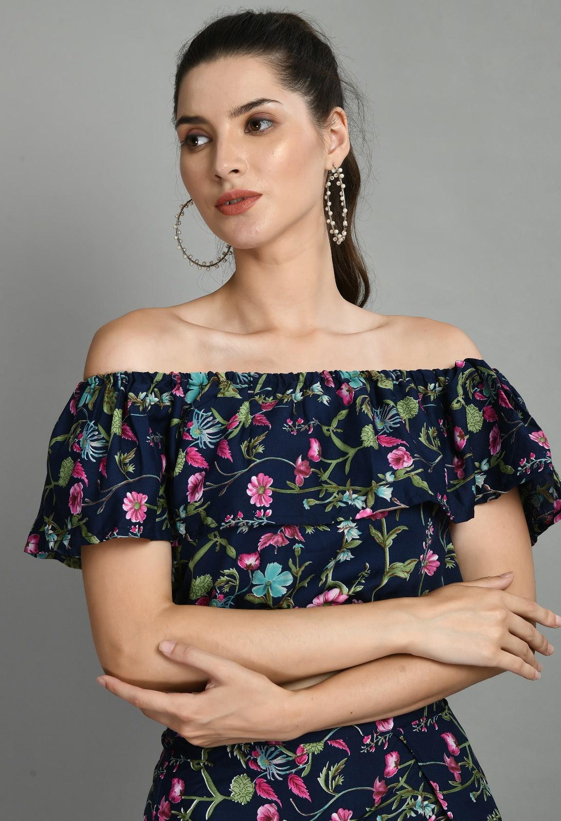 Women's Two Piece Outfit Floral Crop Top and Split Long Skirt Set