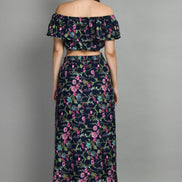 Women's Two Piece Outfit Floral Crop Top and Split Long Skirt Set