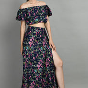 Women's Two Piece Outfit Floral Crop Top and Split Long Skirt Set