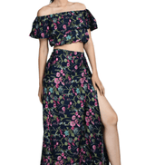 Women's Two Piece Outfit Floral Crop Top and Split Long Skirt Set