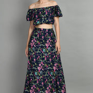 Women's Two Piece Outfit Floral Crop Top and Split Long Skirt Set