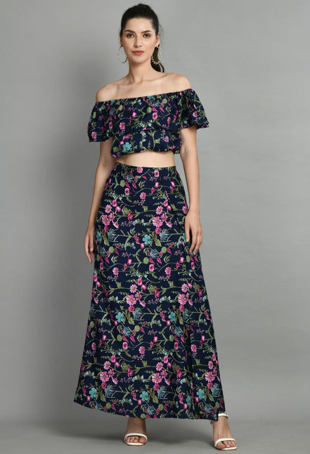 Women's Two Piece Outfit Floral Crop Top and Split Long Skirt Set