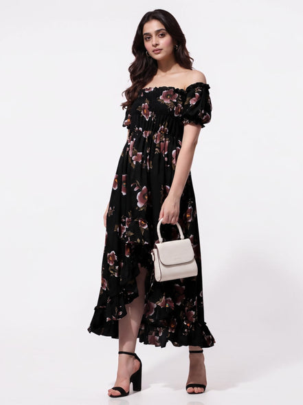 Black Floral Off-Shoulder Maxi Dress