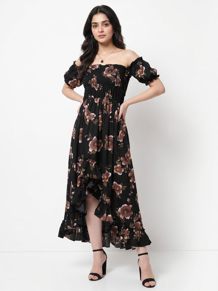 Black Floral Off-Shoulder Maxi Dress