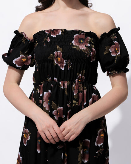 Black Floral Off-Shoulder Maxi Dress