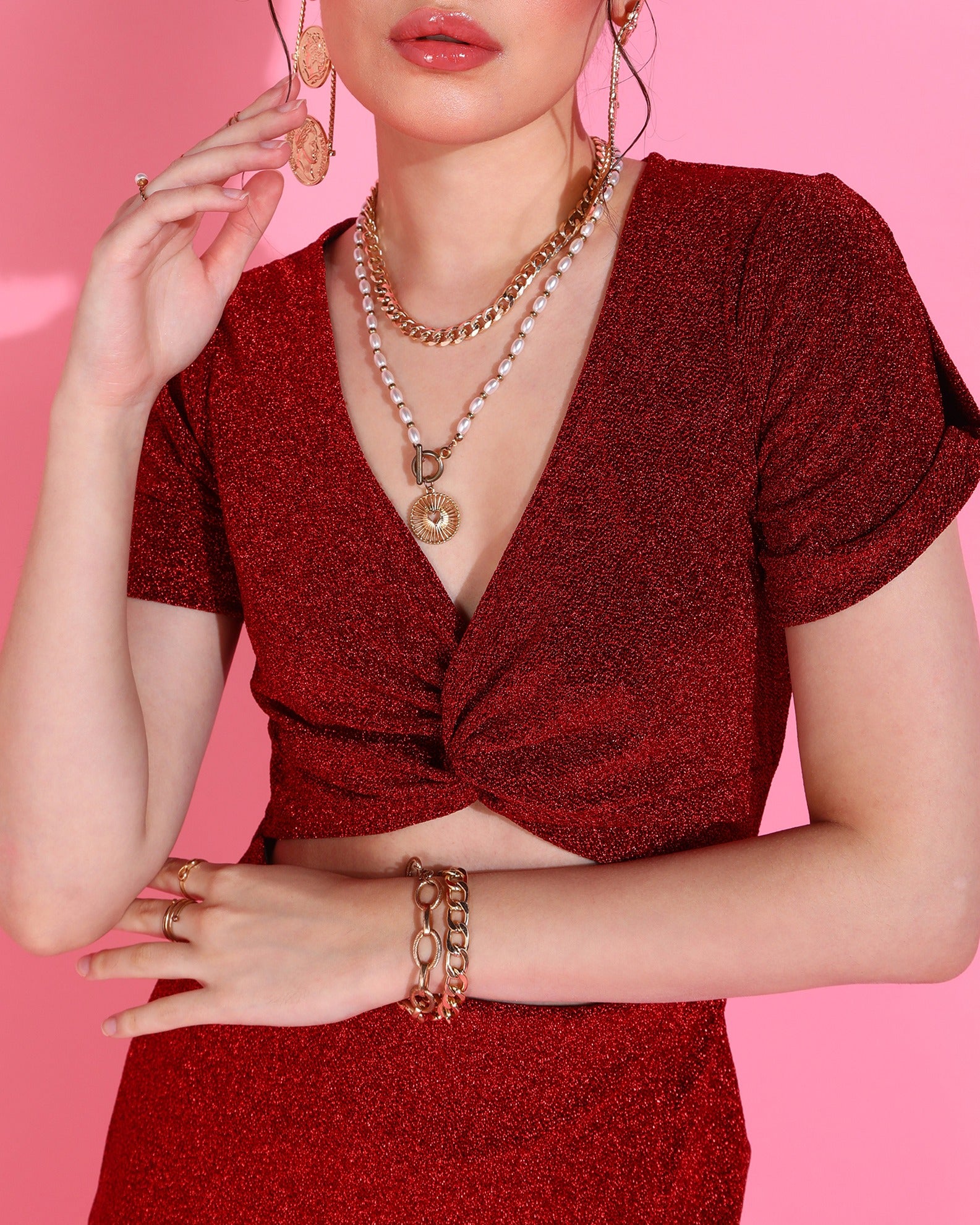 Red V-Neck Waist Cut Out Sheath Dress