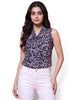 Women's Navy Blue Floral Print Sleeveless Collar Neck Top