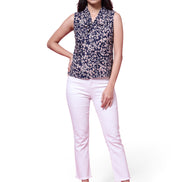 Women's Navy Blue Floral Print Sleeveless Collar Neck Top