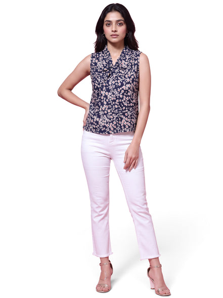 Women's Navy Blue Floral Print Sleeveless Collar Neck Top