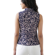 Women's Navy Blue Floral Print Sleeveless Collar Neck Top