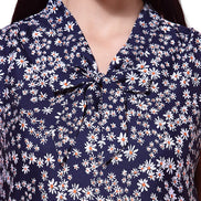 Women's Navy Blue Floral Print Sleeveless Collar Neck Top