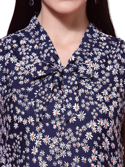 Women's Navy Blue Floral Print Sleeveless Collar Neck Top