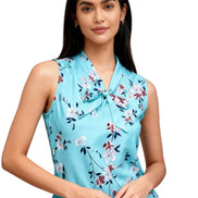 Turquoise Floral Print Tie-Neck Sleeveless Top