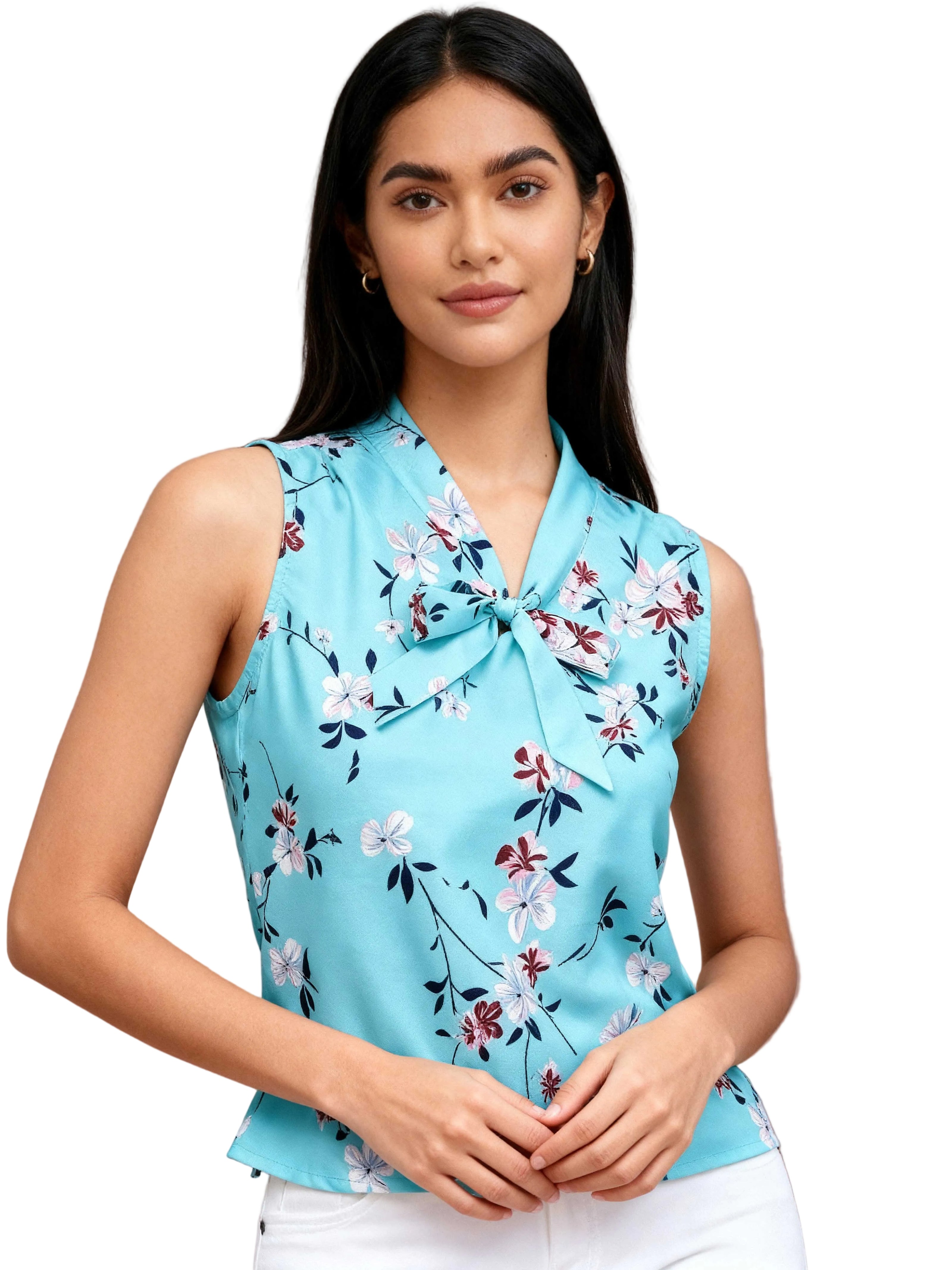 Turquoise Floral Print Tie-Neck Sleeveless Top