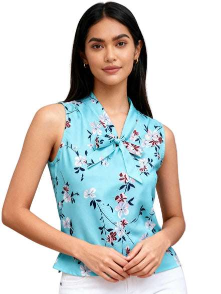Turquoise Floral Print Tie-Neck Sleeveless Top