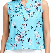 Turquoise Floral Print Tie-Neck Sleeveless Top