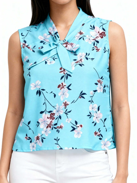 Turquoise Floral Print Tie-Neck Sleeveless Top