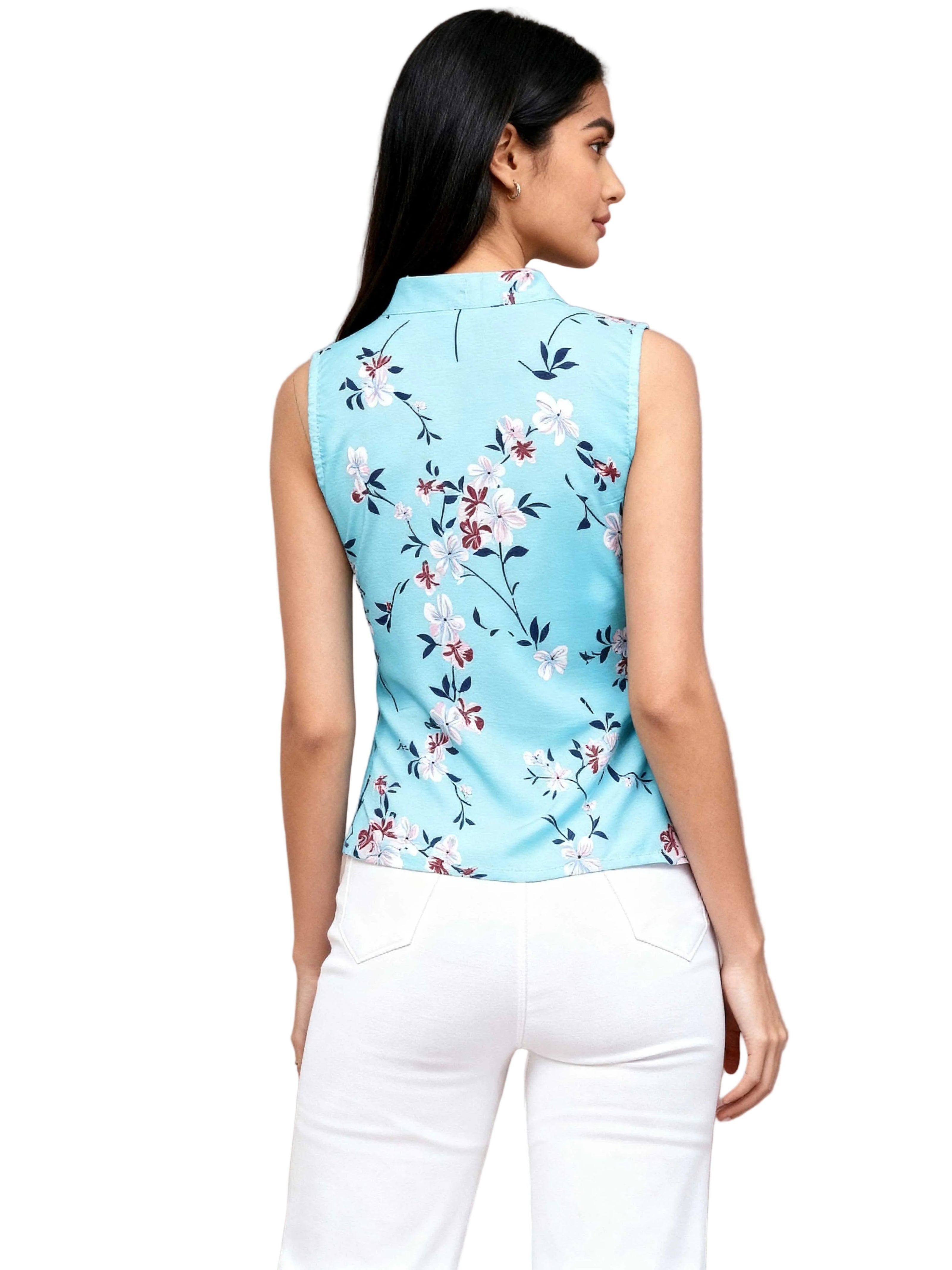 Turquoise Floral Print Tie-Neck Sleeveless Top