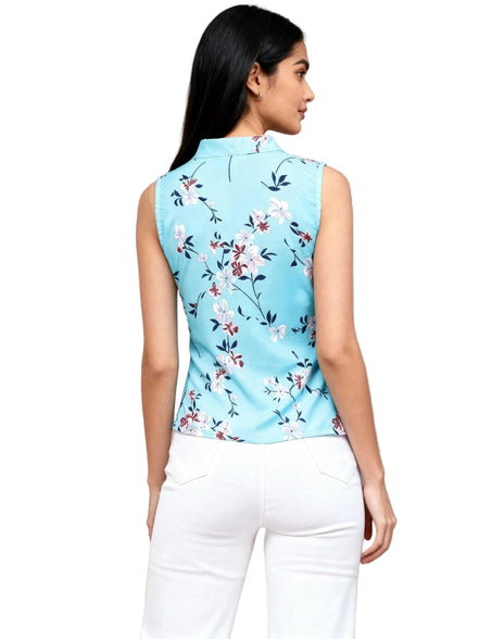 Turquoise Floral Print Tie-Neck Sleeveless Top