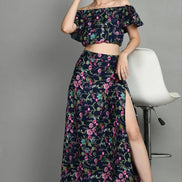Women's Two Piece Outfit Floral Crop Top and Split Long Skirt Set