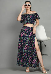 Women's Two Piece Outfit Floral Crop Top and Split Long Skirt Set