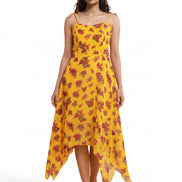 Yellow Floral Handkerchief Hem Midi Dress