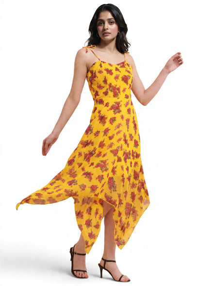 Yellow Floral Handkerchief Hem Midi Dress