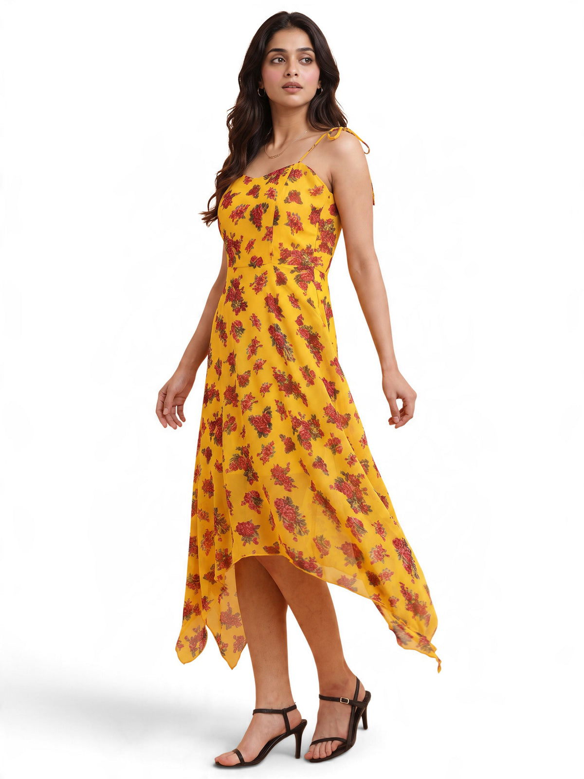 Yellow Floral Handkerchief Hem Midi Dress