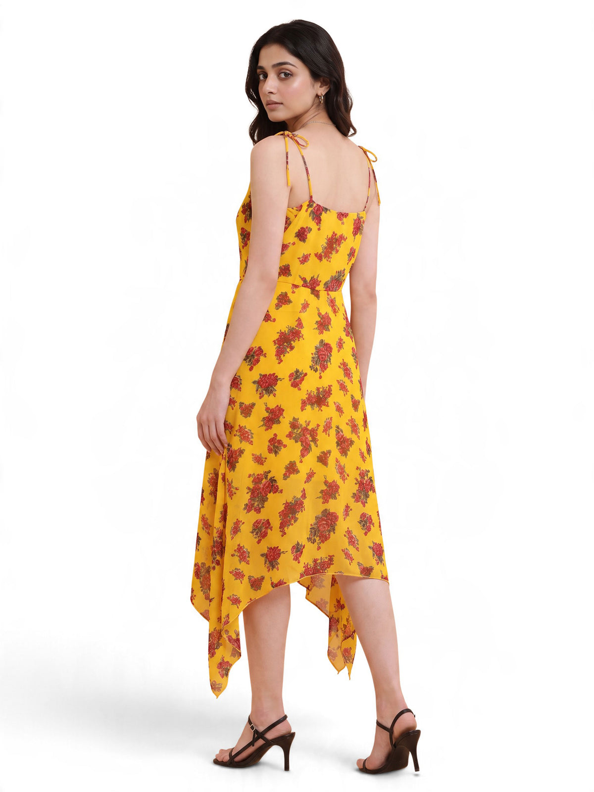 Yellow Floral Handkerchief Hem Midi Dress