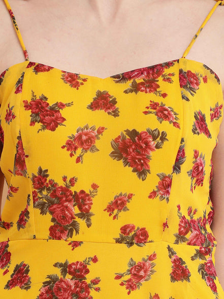Yellow Floral Handkerchief Hem Midi Dress