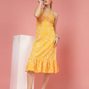 Women Yellow Printed A-Line Midi Dress