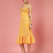 Women Yellow Printed A-Line Midi Dress