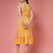 Women Yellow Printed A-Line Midi Dress